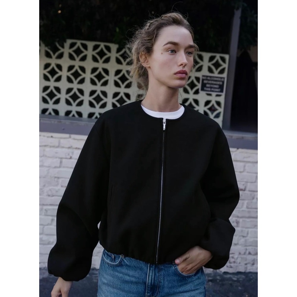 Zara Black Cropped Bomber Jacket Puff Sleeve Collarless Zip Up
